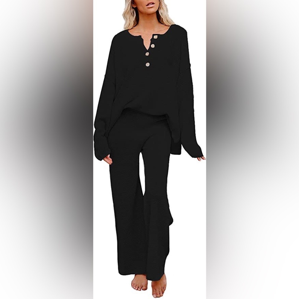 2 piece set long sleeve knit pullover sweater top and wide leg pants
